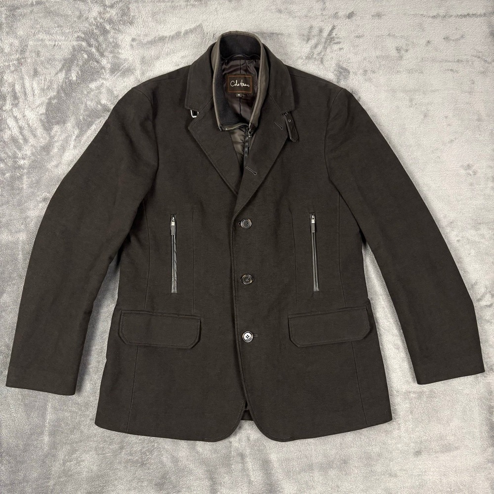 Cole Haan Mens Brown Med Merino Wool Lambskin Leather Full Zip Jacket Overcoat‎